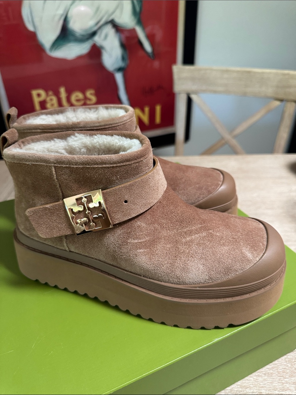 Tory Burch Tan Suede Platform Clog Mules